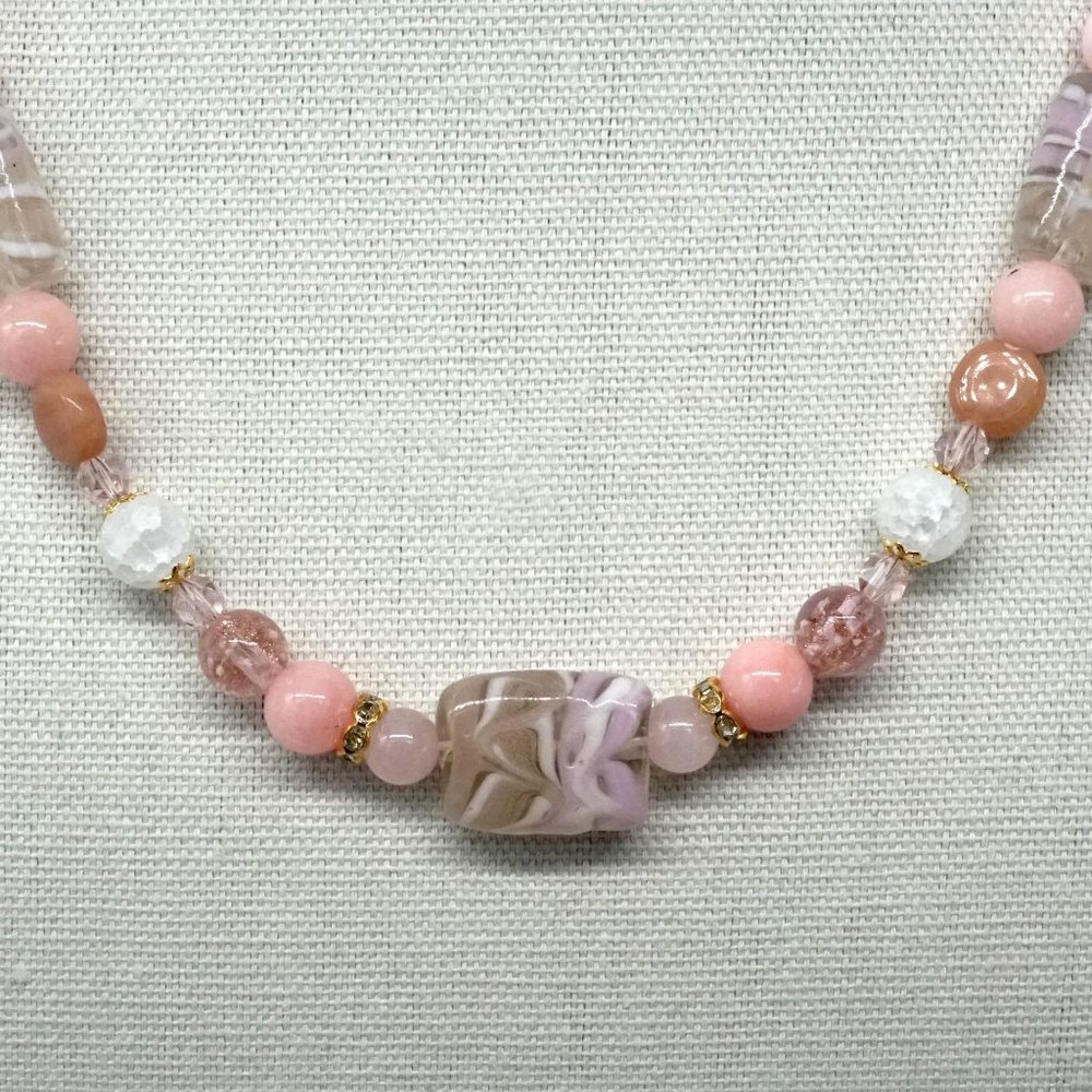 Necklace Hand Blown Glass Beads Pink Beige White Coral Beads Rhinestones - Picture 3 of 3